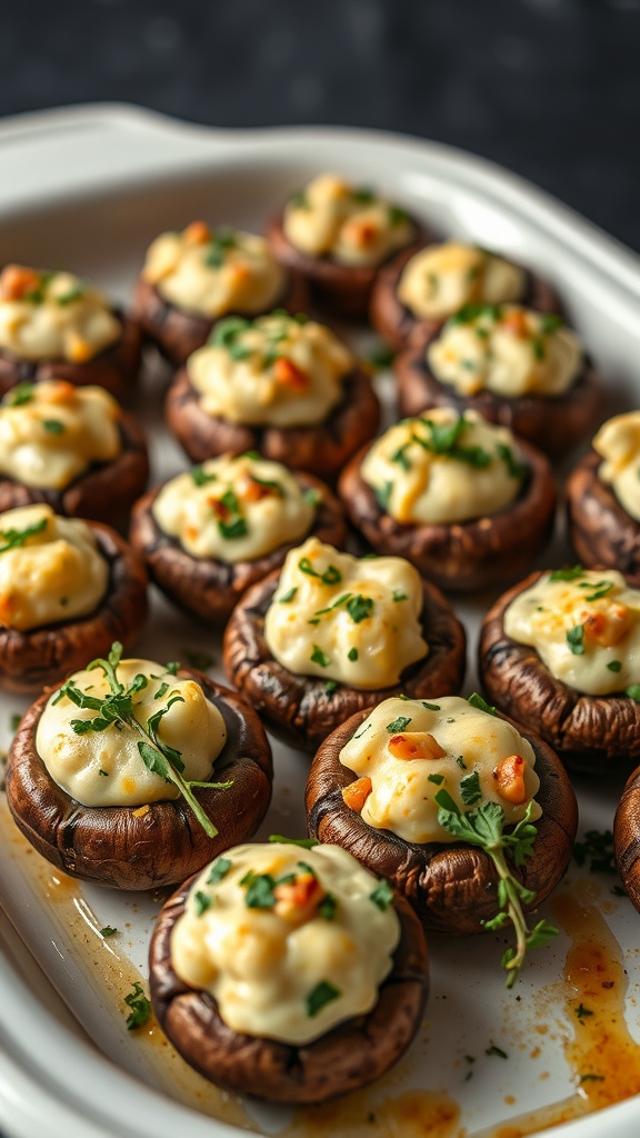 A plate of keto stuffed mushrooms topped with creamy filling and herbs.