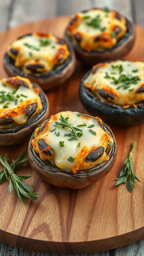 A wooden platter with stuffed portobello mushrooms topped with cheese and herbs.