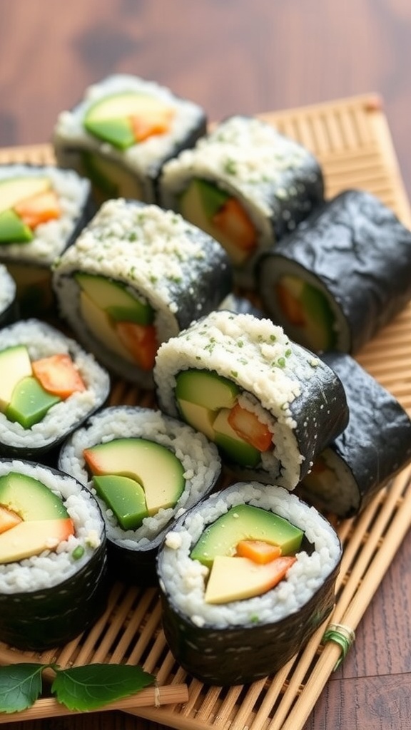 A platter of keto sushi rolls made with cauliflower rice and colorful vegetables