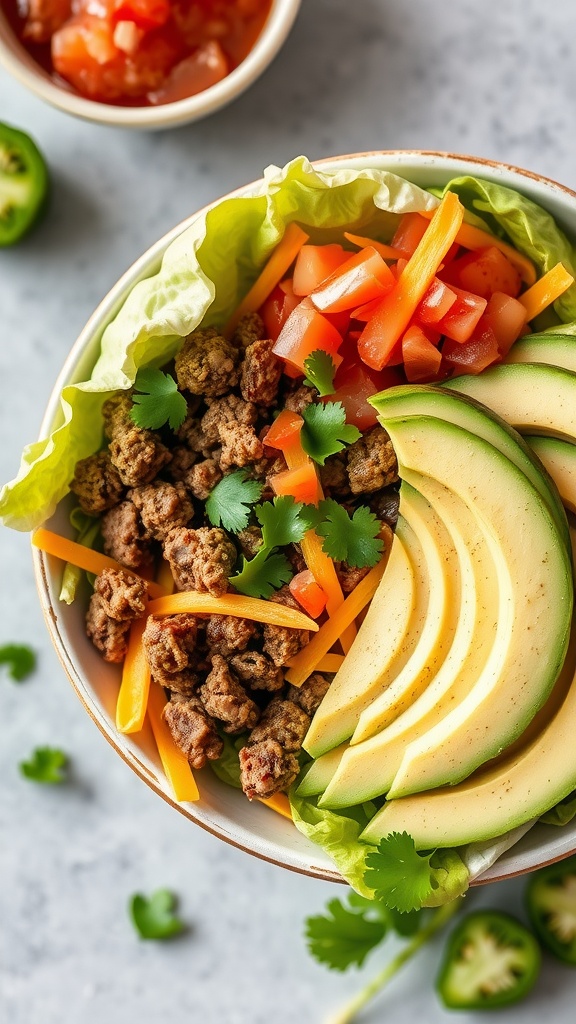 A colorful Keto Taco Bowl featuring seasoned beef, lettuce, avocado slices, and fresh diced tomatoes.