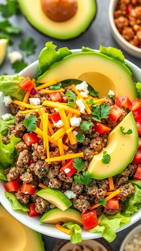 A colorful Keto Taco Salad with ground meat, lettuce, tomatoes, cheese, and avocado.