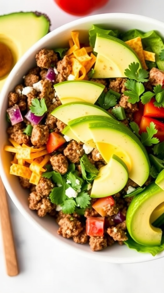 A colorful Keto Taco Salad with ground meat, cheese, avocado, and fresh veggies in a bowl.