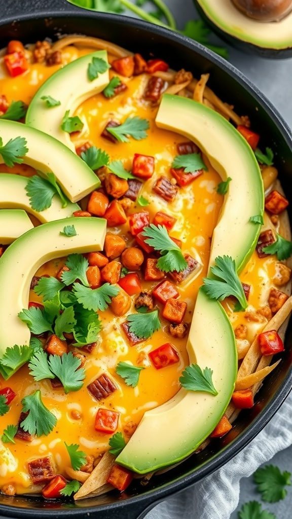 A delicious Keto Taco Skillet with cheese, avocado slices, and colorful toppings in a pan.