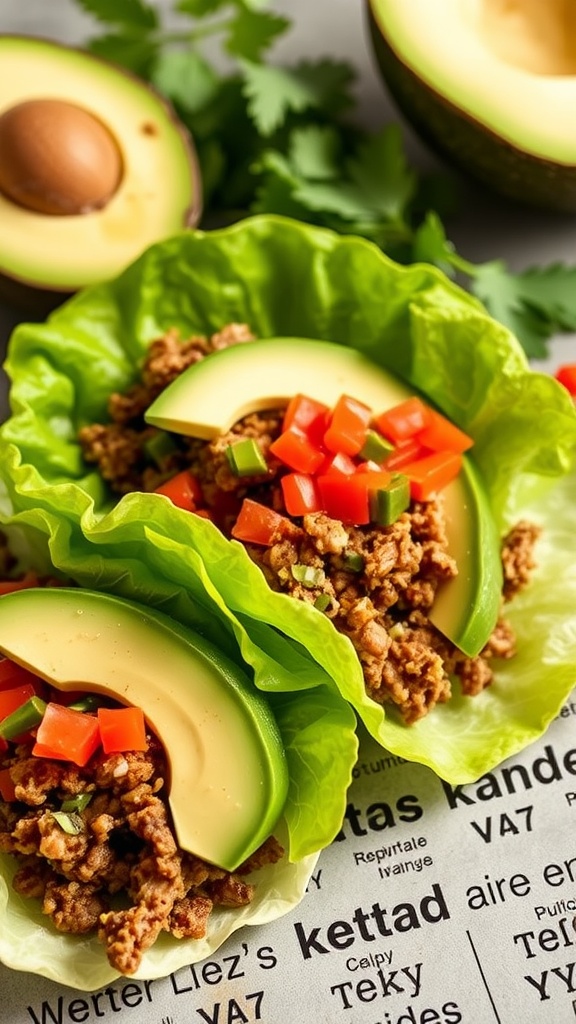 Keto tacos with lettuce wraps filled with seasoned meat, avocado slices, and diced tomatoes.