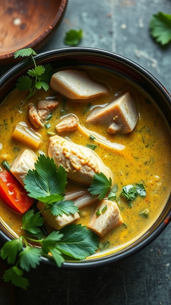 A bowl of Keto Thai green curry featuring chicken, herbs, and vibrant colors.