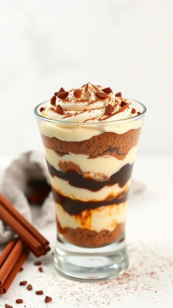 A glass of Keto tiramisu with layers of cocoa, cream, and coffee