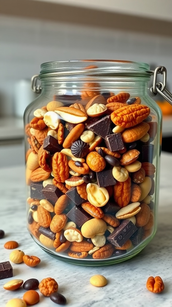 A jar filled with a colorful mix of nuts, seeds, and sugar-free chocolate pieces.