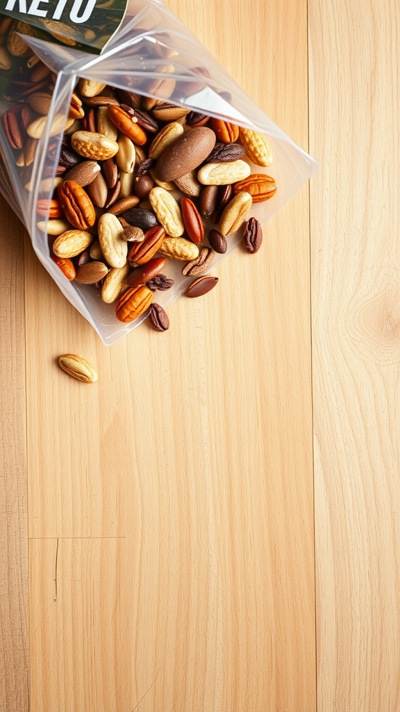 A bag of keto trail mix spilled on a wooden surface, featuring various nuts and chocolate pieces.