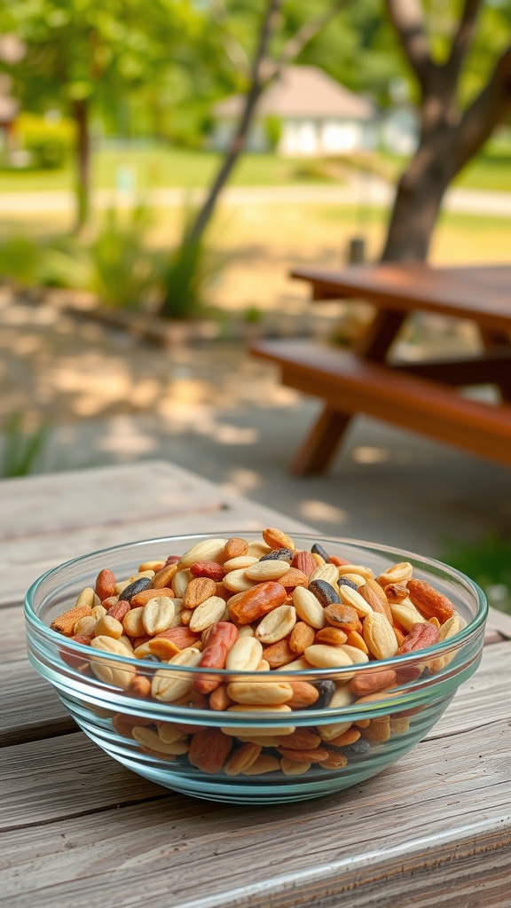 A bowl of mixed nuts on a wooden table in a park setting