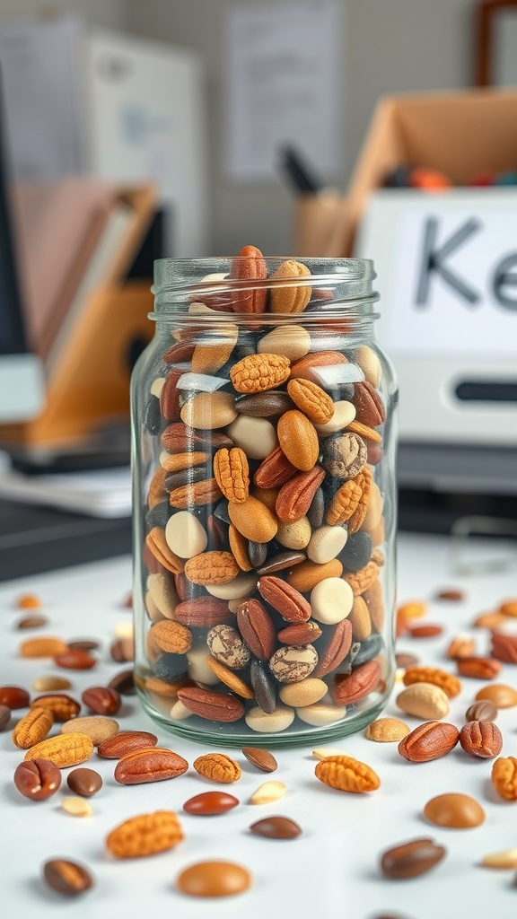 A jar filled with keto trail mix surrounded by scattered pieces on a desk.