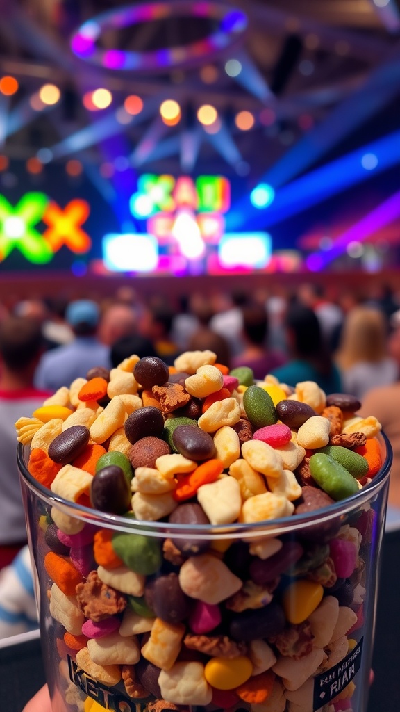 A close-up of a cup of keto trail mix held in front of a concert crowd.