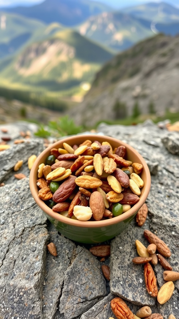 A bowl of keto trail mix with various nuts and seeds on a rocky surface with mountains in the background.