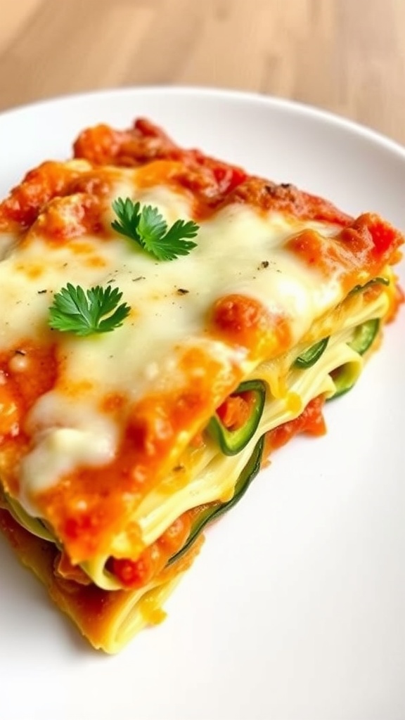 A slice of Keto Vegetable Lasagna topped with fresh cilantro on a white plate.