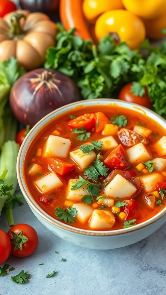 Bowl of keto vegetable minestrone soup surrounded by fresh vegetables.