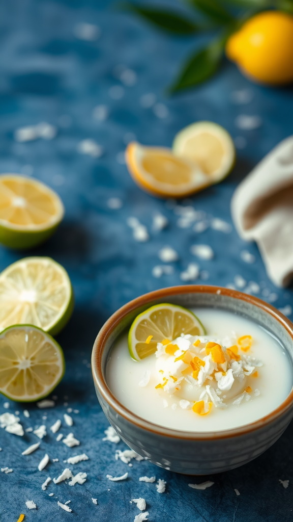 A bowl of key lime coconut custard topped with coconut flakes and lime zest, surrounded by lime and lemon halves.