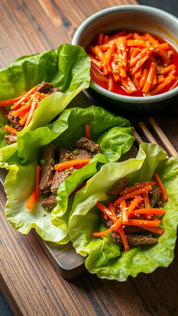 Korean BBQ lettuce wraps with grilled meat and vegetables