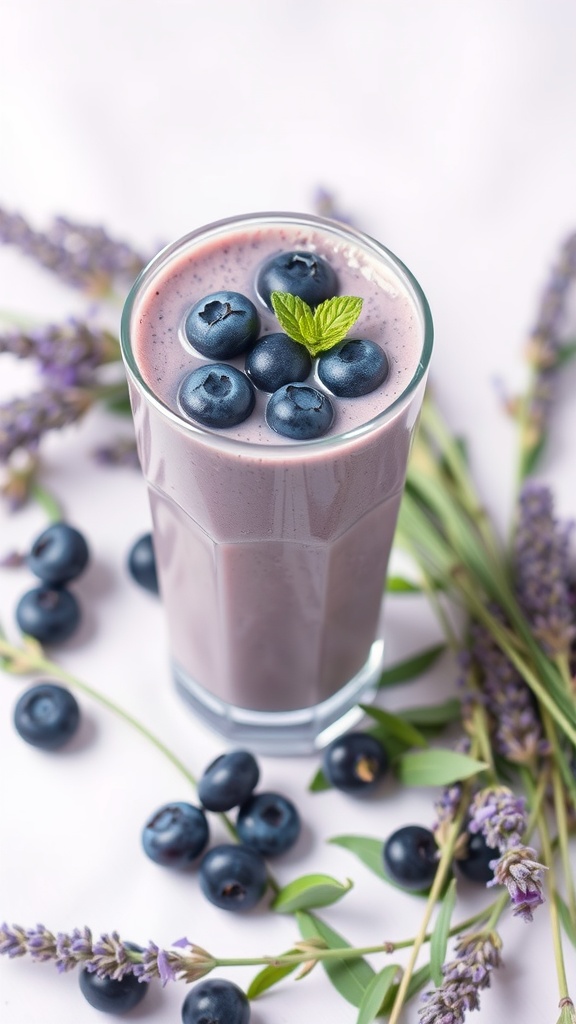 A glass of lavender blueberry smoothie topped with blueberries and mint, surrounded by lavender sprigs.