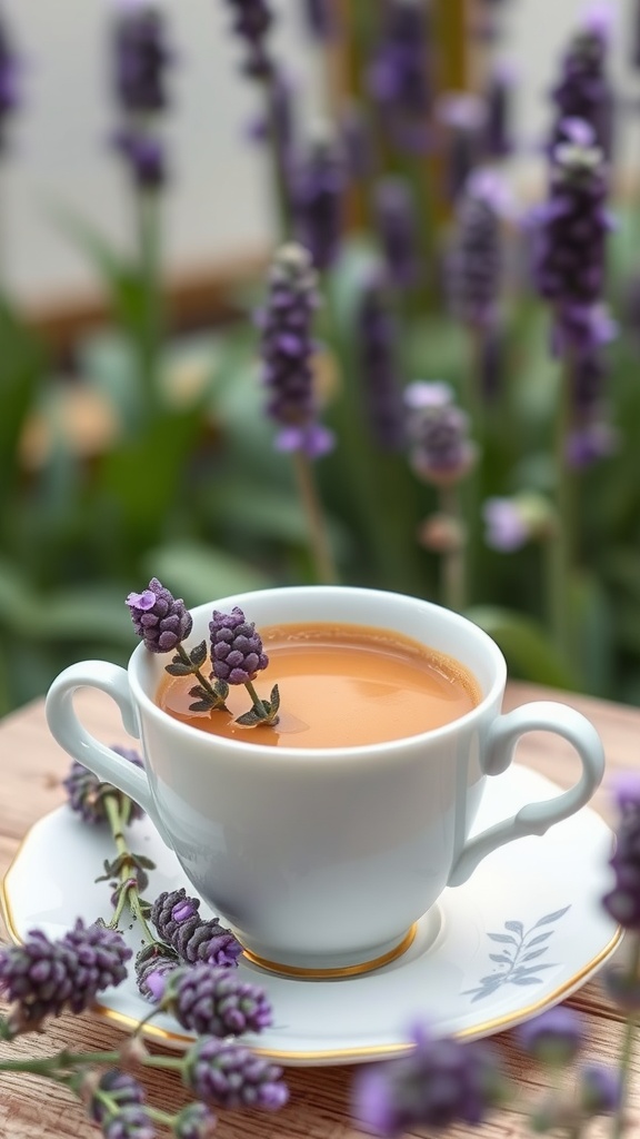 A cup of lavender vanilla keto coffee surrounded by lavender flowers.