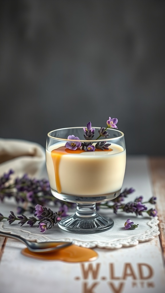 A glass of lavender vanilla keto panna cotta garnished with purple flowers.