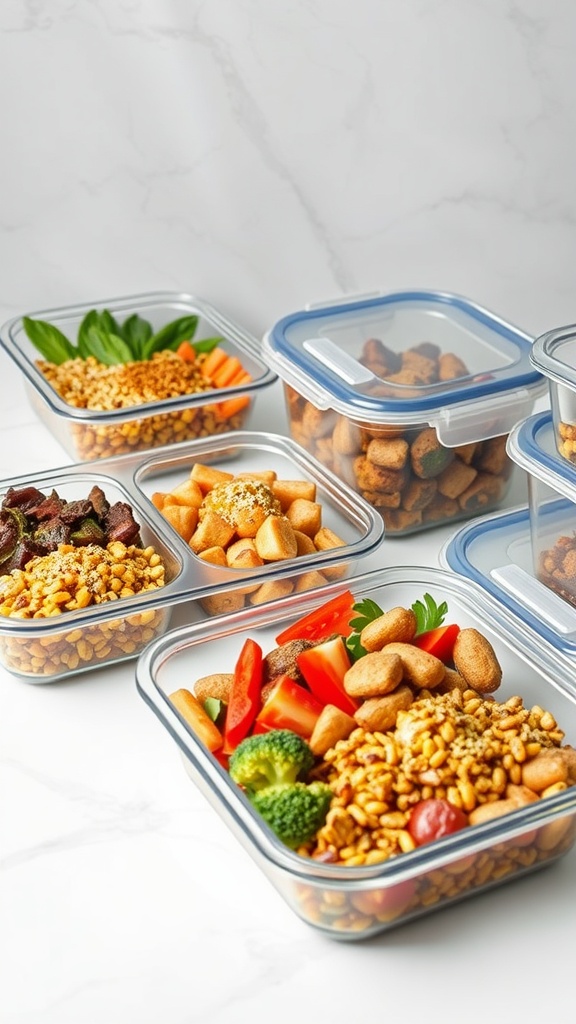 A variety of leak-proof meal prep containers filled with keto-friendly food.