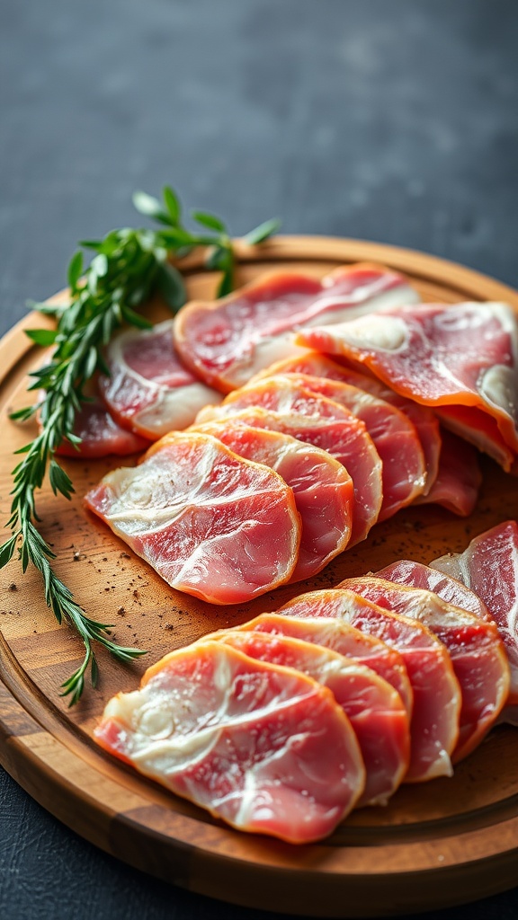 Plate of sliced lean meats with herbs