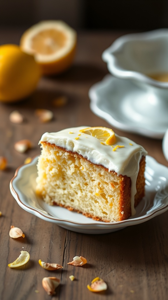 A slice of lemon almond cake with cream cheese frosting on a decorative plate, with lemon halves and almond petals in the background.