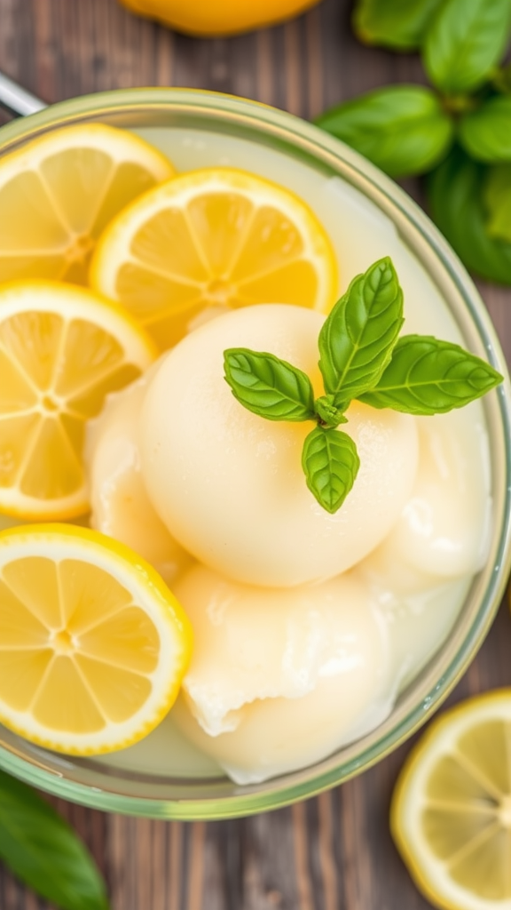 Lemon basil sorbet with lemon slices and fresh basil leaves in a glass bowl