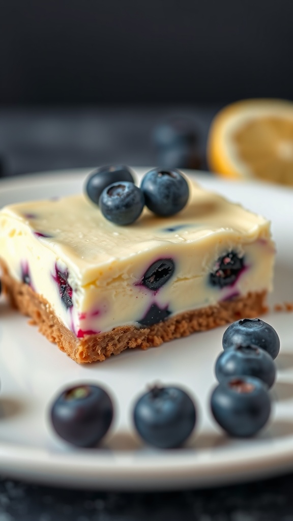 A slice of lemon blueberry cheesecake bar topped with fresh blueberries on a white plate.