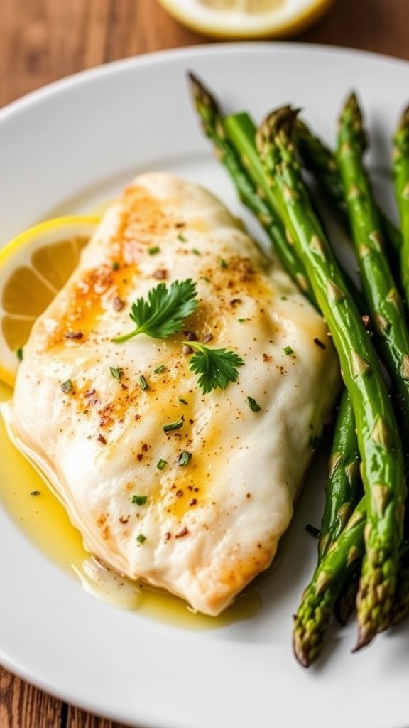 A plate of lemon butter tilapia served with asparagus and lemon slices.