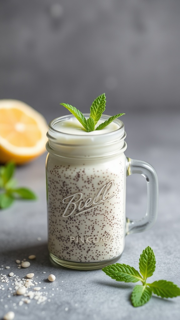 A jar of lemon chia seed pudding topped with mint leaves, with a lemon half in the background.