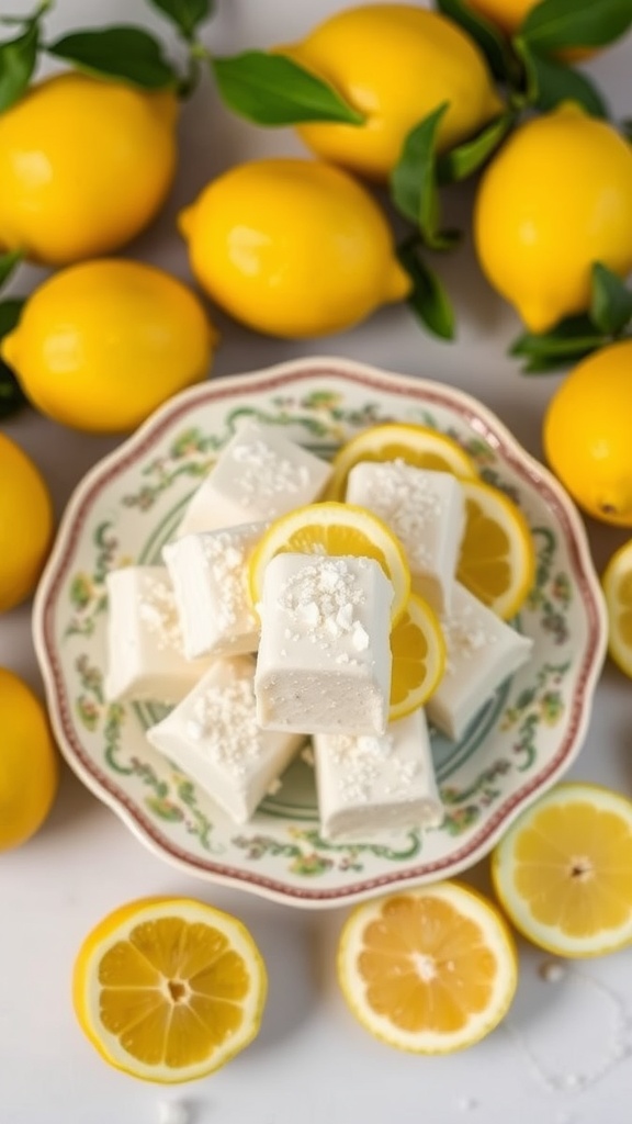 A plate of lemon coconut fat bombs surrounded by fresh lemons.