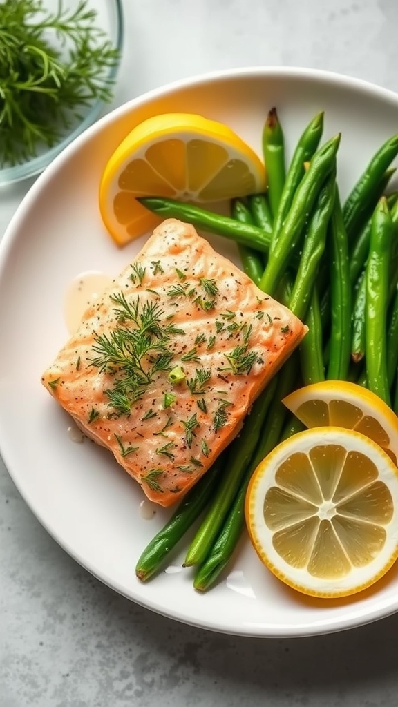 A plate of lemon dill salmon with green beans and lemon slices