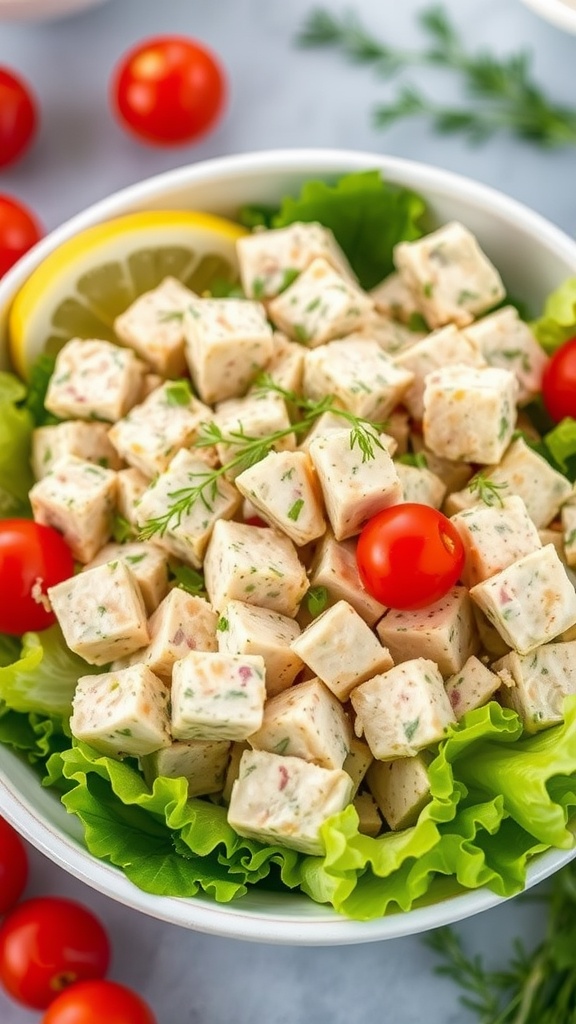 A bowl of Lemon Dill Tuna Salad with cherry tomatoes and lettuce