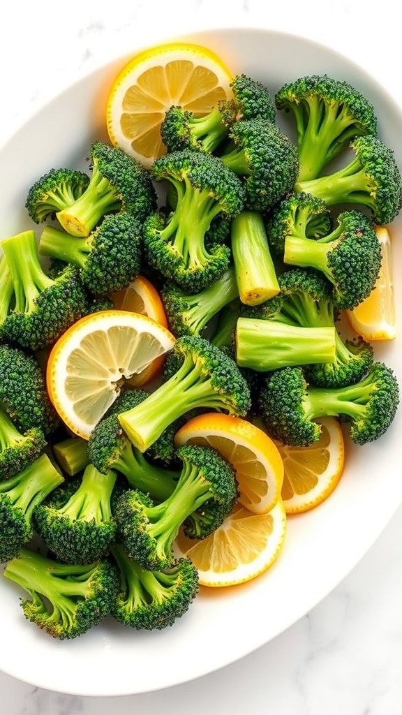 A bowl of fresh broccoli florets mixed with lemon slices.