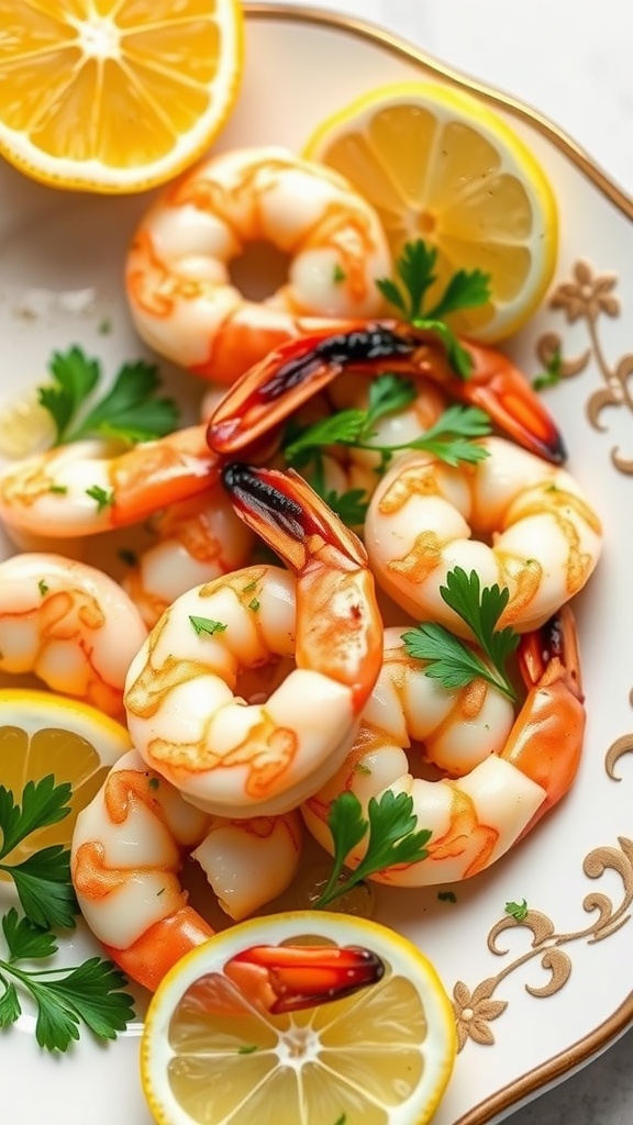 A plate of lemon garlic butter shrimp garnished with parsley and lemon slices.