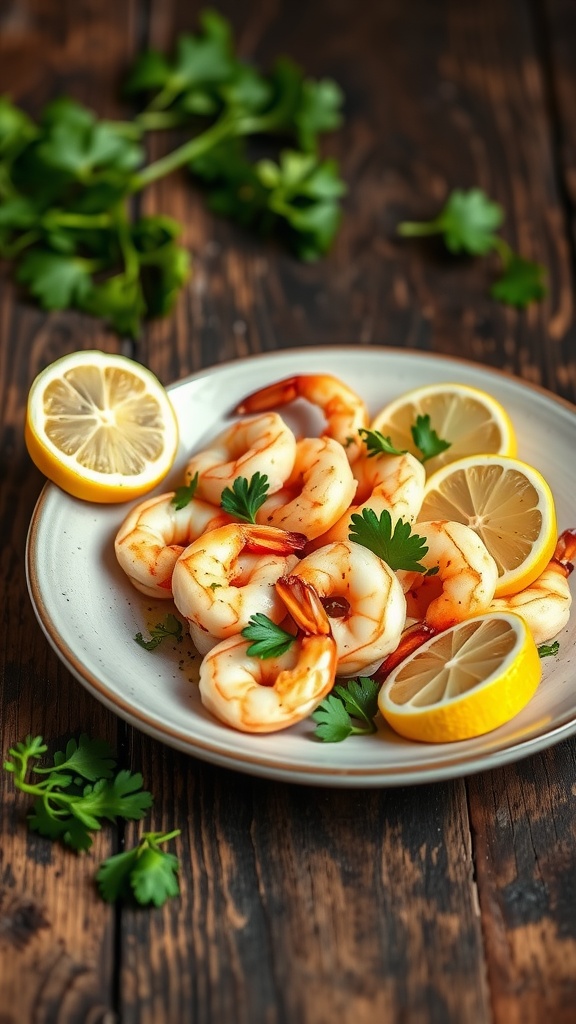 A plate of cooked shrimp garnished with lemon slices and parsley on a wooden table.