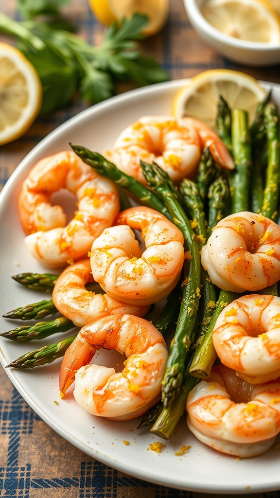 Plate of lemon garlic butter shrimp with asparagus