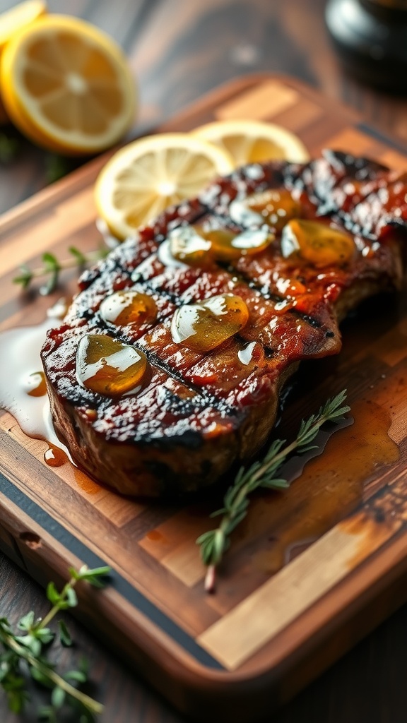 A beautifully cooked steak topped with lemon slices and herbs on a wooden cutting board.