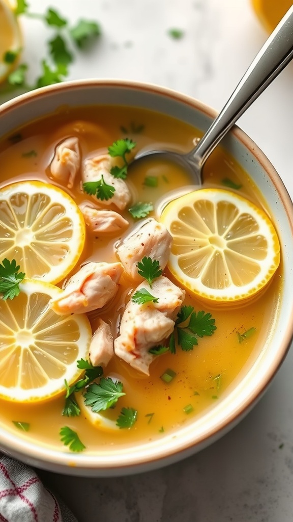 A bowl of lemon garlic chicken soup with chicken pieces, lemon slices, and herbs.