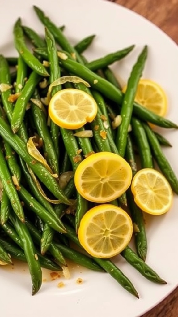 A plate of lemon garlic green beans garnished with lemon slices