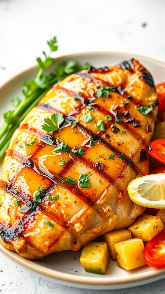 Grilled chicken breast garnished with herbs, served with lemon slices and colorful vegetables.