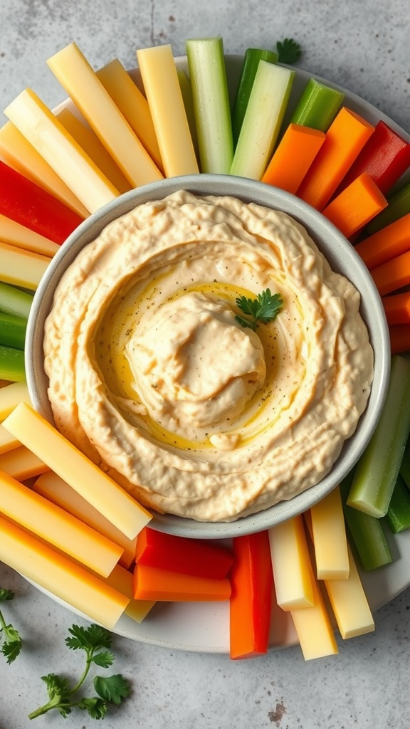 A bowl of lemon garlic hummus surrounded by colorful vegetable sticks.