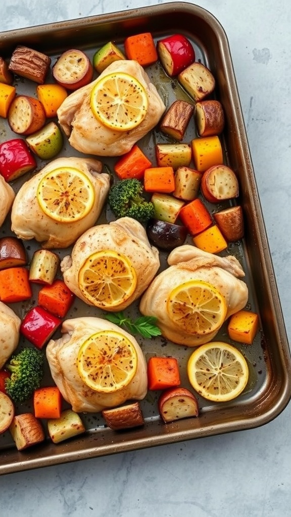 Lemon garlic roasted chicken thighs with mixed vegetables on a sheet pan