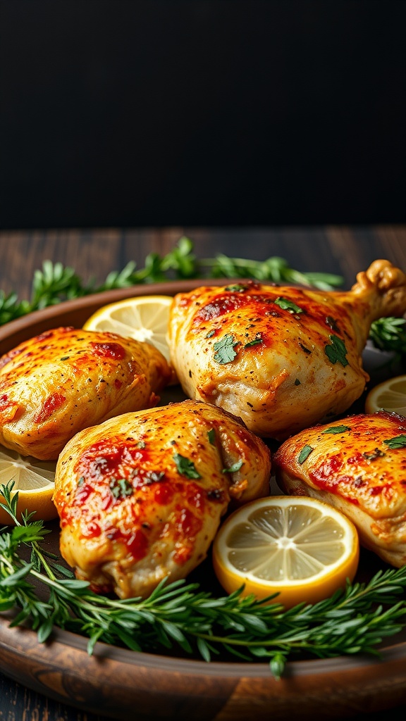 Plate of lemon garlic roasted chicken thighs with herbs and lemon slices