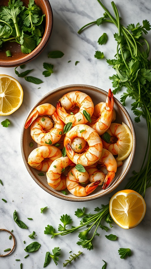 A bowl of lemon garlic shrimp garnished with herbs and lemon slices.