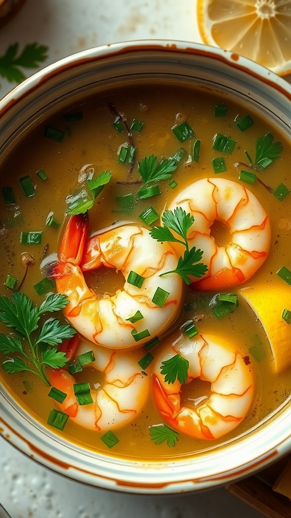 A bowl of lemon garlic shrimp soup with fresh shrimp, herbs, and a lemon wedge.