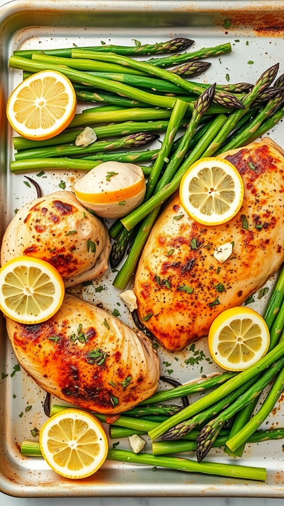 Lemon herb chicken breasts with asparagus on a sheet pan