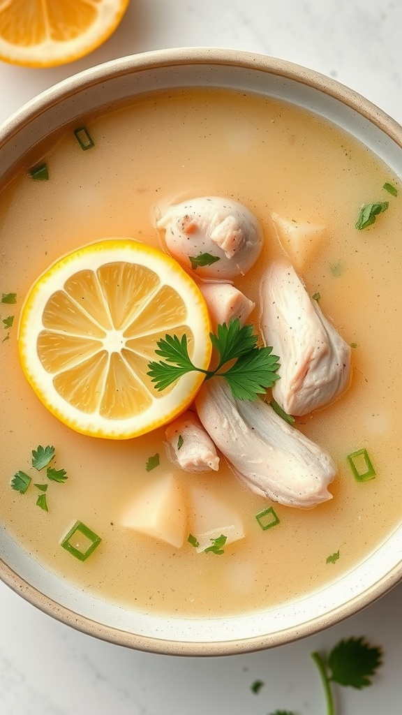 A bowl of Lemon Herb Chicken Soup with lemon slices and herbs.