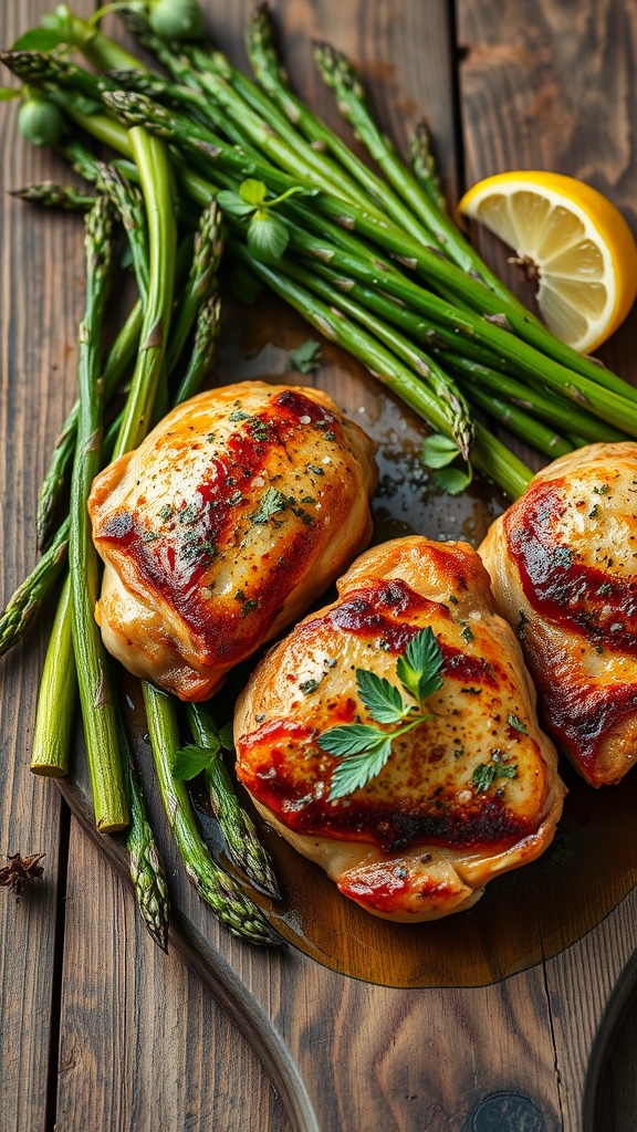 Lemon herb chicken thighs served with asparagus on a wooden platter.