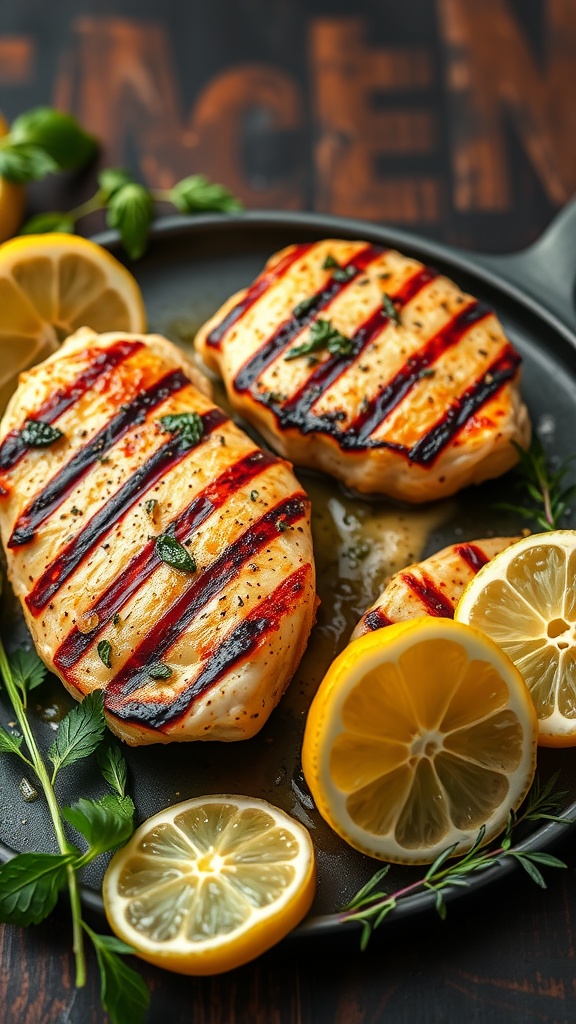 Grilled chicken breasts with lemon slices and herbs on a plate